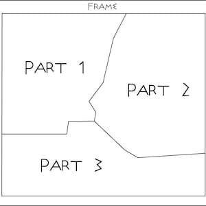 May include: A black and white diagram with the word "FRAME" at the top. The diagram is divided into three sections labeled "PART 1", "PART 2", and "PART 3". The lines are jagged and the text is in a simple sans-serif font.