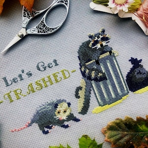 Let&#39;s Get Trashed - Raccoon & Possum - Trash Panda Opossum - Garbage Cross Stitch - Foraging Friends - Cute Animal Cross Stitch Pattern PDF