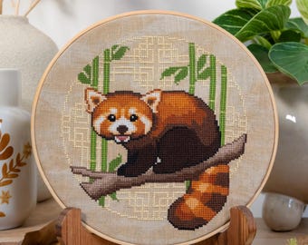 Modèle de point de croix panda roux - copain en bambou - animal mignon - petit point de croix - branches et feuilles - modèle de point de croix nature PDF