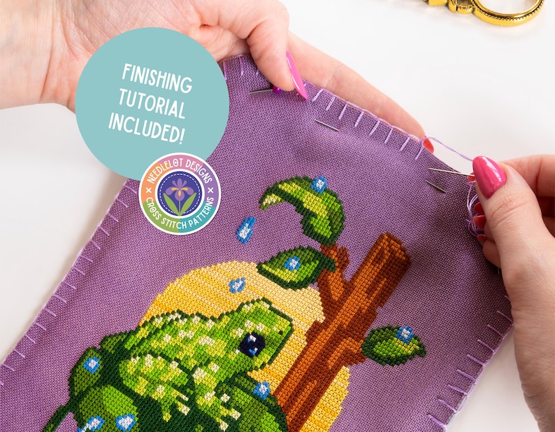 Modèle de point de croix grenouille moussue - petite grenouille nature animal XStitch - soleil et gouttes de pluie - modèle de point de croix coloré adapté aux débutants PDF image 2