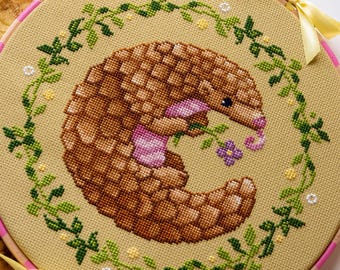 Pangolin Cross Stitch - Cute Anteater Xstitch - Pink Pangolins Stitch - Colorful Flower Adorable Small Animal Cross Stitch Pattern PDF