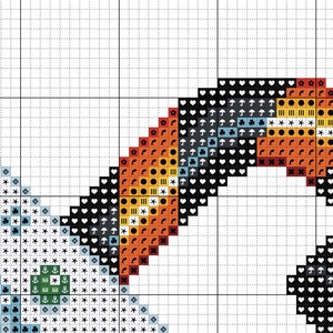 Screenshot of cross stitch pattern, to show what the pattern looks like. This section consists of colors and symbols. Grid is visible. Black and white symbols are both included. Cross stitch pattern is clearly legible with hand-picked symbols.