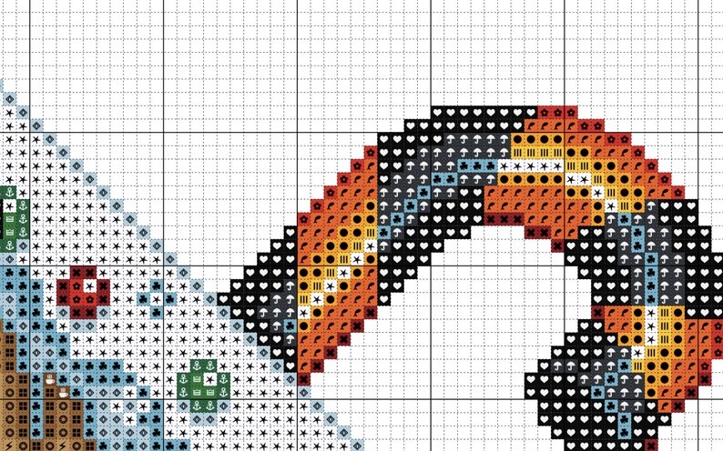 Screenshot of cross stitch pattern, to show what the pattern looks like. This section consists of colors and symbols. Grid is visible. Black and white symbols are both included. Cross stitch pattern is clearly legible with hand-picked symbols.