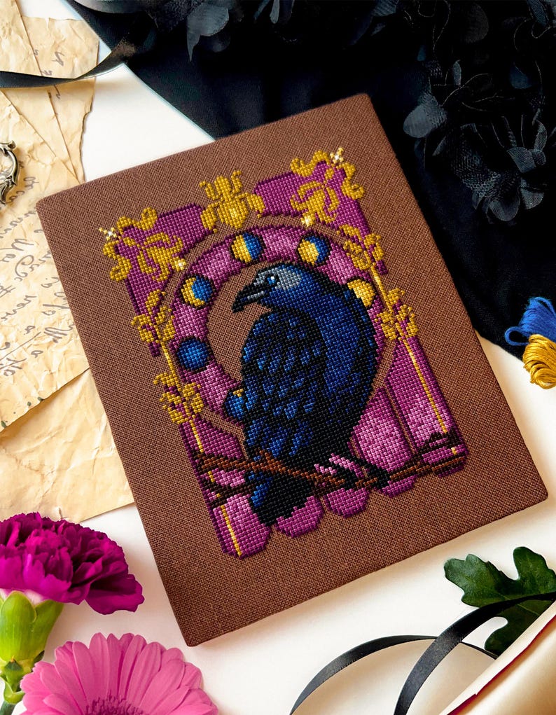 Art Nouveau Crow - Art Noucrow - Dark Academia Cross Stitch - Corvus Cross Stitch - Beautiful Bird Cross Stitch - Cross Stitch Pattern PDF image 1