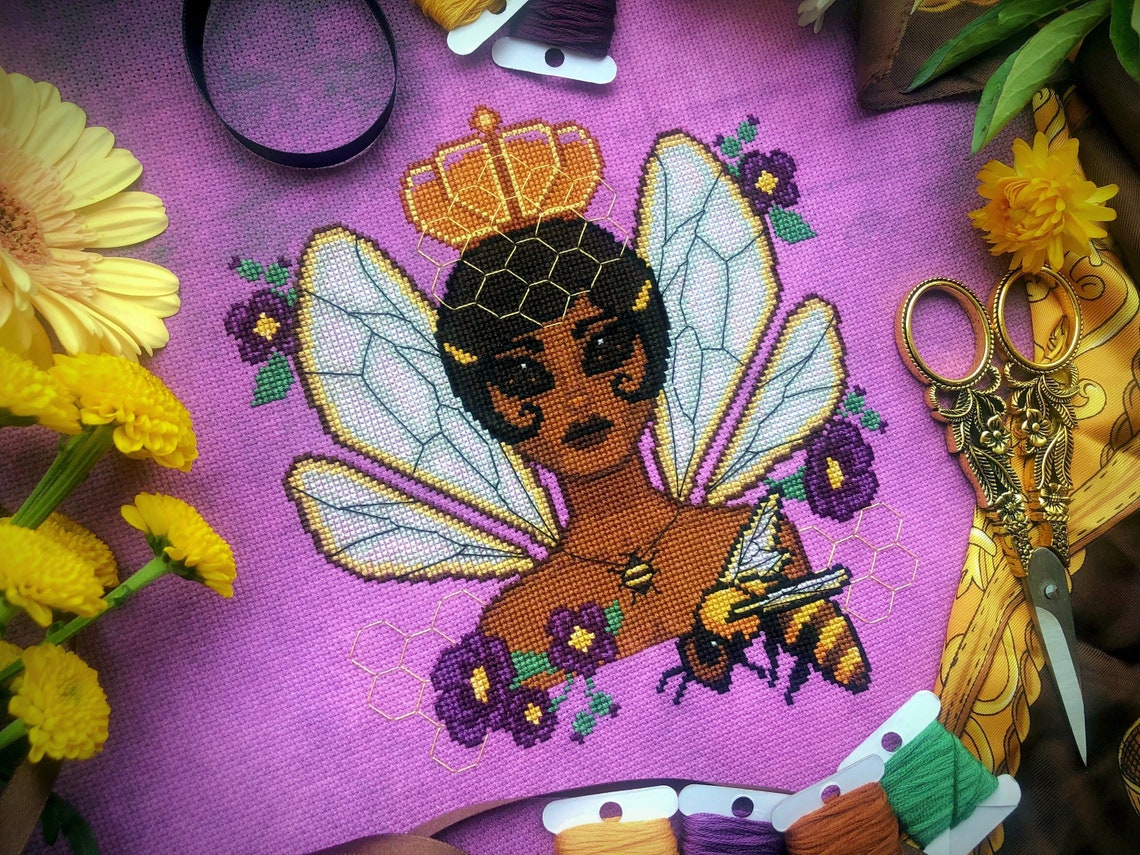 Queen Bee - Portrait Cross Stitch Pattern - Flower Girl - Bee Cross ...