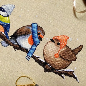 Closeup of Winter Birds cross stitch pattern. Two of the four birds are depicted, these are the robin and wren. Colors are yellow, brown, orange, blue, green and white. Robin is wearing a scarf and the wren is wearing a hat with dangly pompoms.