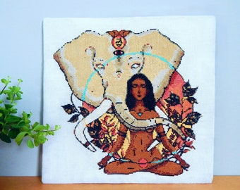 Girl with Elephant - Root Chakra - NeedleLot Designs - Cross Stitch Pattern PDF - Instant Download