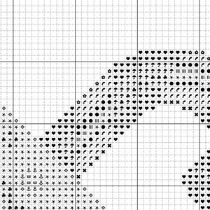 Screenshot of cross stitch pattern, to show what the pattern looks like. This section consists of black symbols. Grid is visible. Only the symbols are included. Cross stitch pattern is clearly legible with hand-picked symbols.