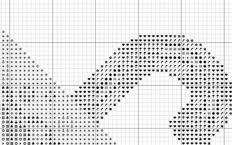 Screenshot of cross stitch pattern, to show what the pattern looks like. This section consists of black symbols. Grid is visible. Only the symbols are included. Cross stitch pattern is clearly legible with hand-picked symbols.