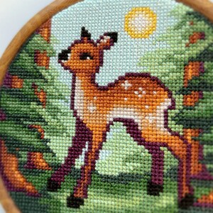 Fawn in the Forest - Baby Deer - Full Coverage Cross Stitch - Spring Cross Stitch - Pine Trees & Sun - Cute Animal Cross Stitch Pattern PDF image 2