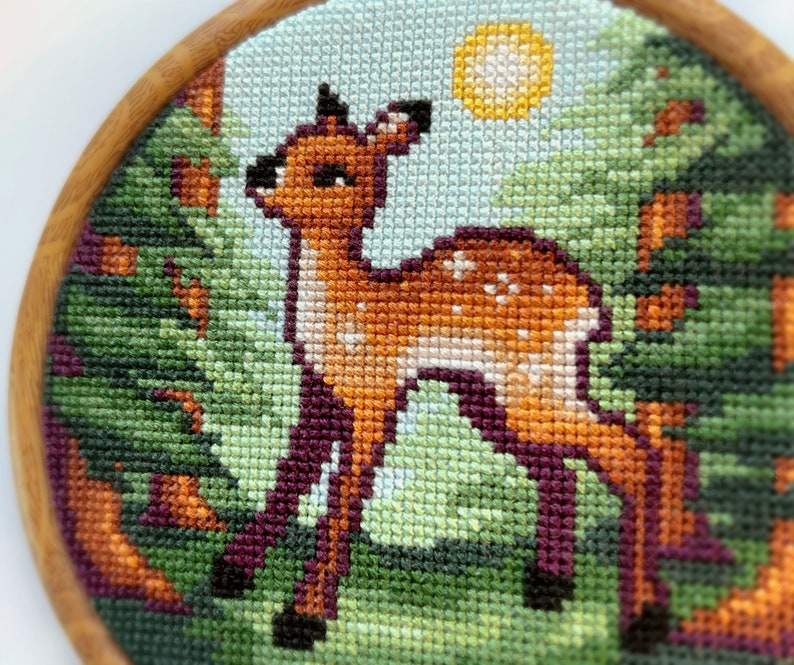 Fawn in the Forest - Baby Deer - Full Coverage Cross Stitch - Spring Cross Stitch - Pine Trees & Sun - Cute Animal Cross Stitch Pattern PDF image 2