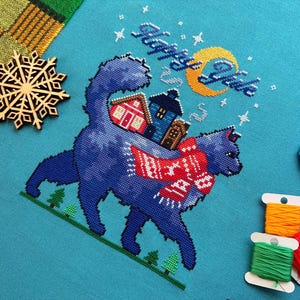 Yule Cat Cross Stitch Pattern - Christmas Cat - Christmas Legend - Pine Trees & Cozy Houses - Xmas Xstitch - Winter Cross Stitch Pattern PDF