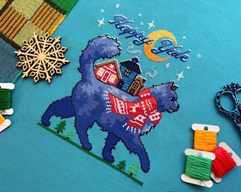 Yule Cat Cross Stitch Pattern - Christmas Cat - Christmas Legend - Pine Trees & Cozy Houses - Xmas Xstitch - Winter Cross Stitch Pattern PDF