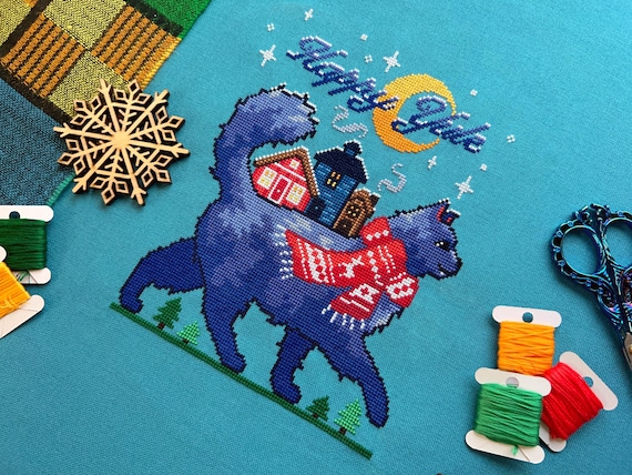 Yule Cat Cross Stitch Pattern - Christmas Cat - Christmas Legend - Pine Trees & Cozy Houses - Xmas Xstitch - Winter Cross Stitch Pattern PDF