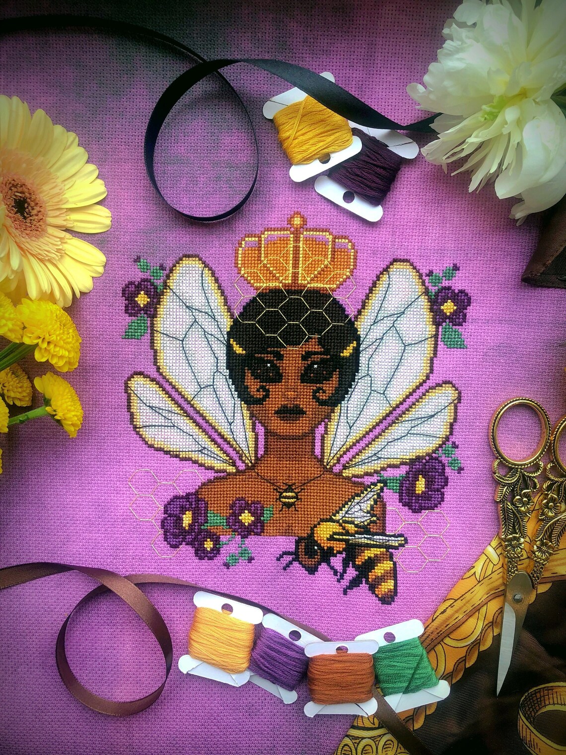 Queen Bee - Portrait Cross Stitch Pattern - Flower Girl - Bee Cross ...