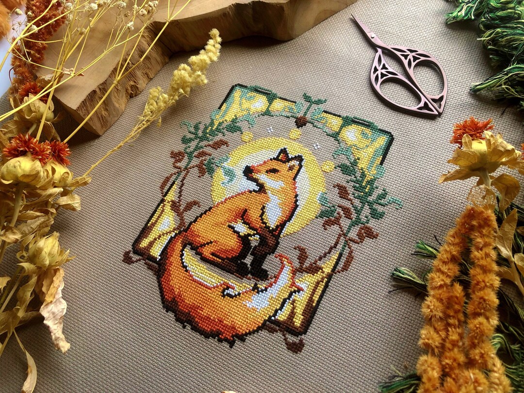 Art Nouveau Fox Fancy Fox Floral Arrangement Forest Cross Stitch Art ...