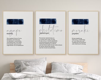 Greek Definition, Set of 3, Meraki Agape Philotimo, Printable Wall Art, Greek Poster, Digital Download print, Greek Philosophy Downloadable