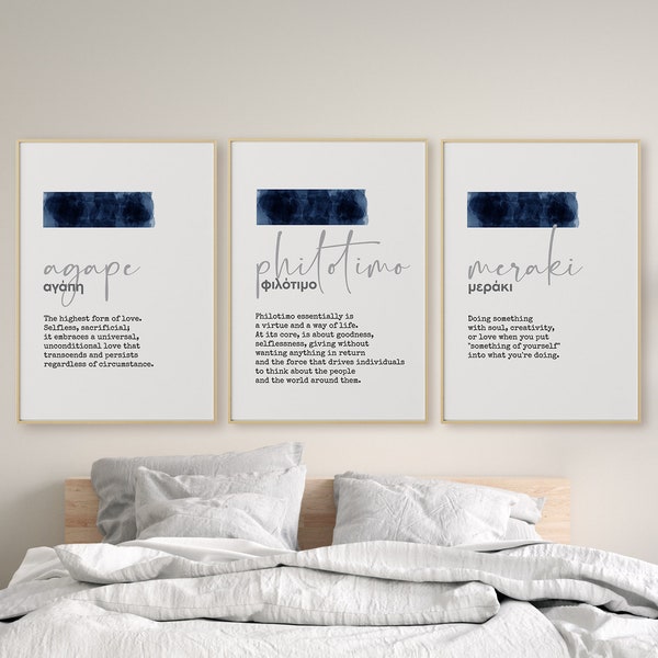 Greek Definition, Set of 3, Meraki Agape Philotimo, Printable Wall Art, Greek Poster, Digital Download print, Greek Philosophy Downloadable