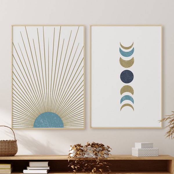 Moon Phase & Sun, Set of 2, Mid Century Art, Aqua Blue, Khaki Gold Tone, Boho Printable Art, Minimal, Minimalist Printable Digital Download