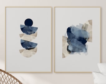 Arte abstracto imprimible, conjunto de 2, colores beige y azul, arte de pared imprimible, arte de pared escandinavo, minimalista moderno, descarga digital