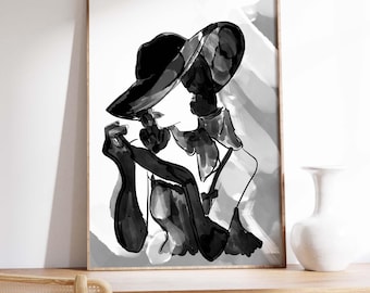 Female Figure Sketch, Female Form Original Drawing Print, Empowered Woman Art Print, Abstract Art Printable, Black & White Modern Wall Art