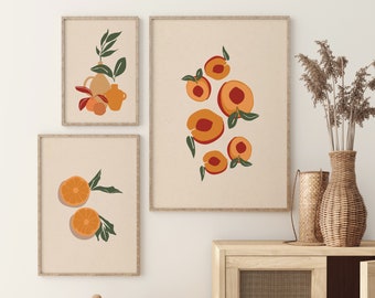 Printable Wall Art, Boho Kitchen Decor, Set of 3, Mid century Modern, Peach, Orange, Abstract Art, Kitchen Wall Art, Digital Download