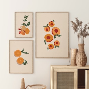 Printable Wall Art, Boho Kitchen Decor, Set of 3, Mid century Modern, Peach, Orange, Abstract Art, Kitchen Wall Art, Digital Download