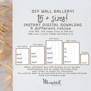 May include: A digital download graphic for a DIY wall gallery with 15+ sizes in 5 different ratios. The graphic shows the different sizes in inches, including 8x10, 12x15, 16x20, 9x12, 12x16, 18x24, 8x12, 12x18, 16x24, 20x30, A4, A3, A2, and 11x14.