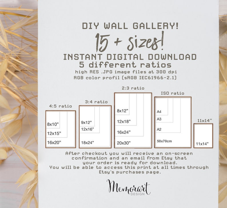 May include: A digital download graphic for a DIY wall gallery with 15+ sizes in 5 different ratios. The graphic shows the different sizes in inches, including 8x10, 12x15, 16x20, 9x12, 12x16, 18x24, 8x12, 12x18, 16x24, 20x30, A4, A3, A2, and 11x14.