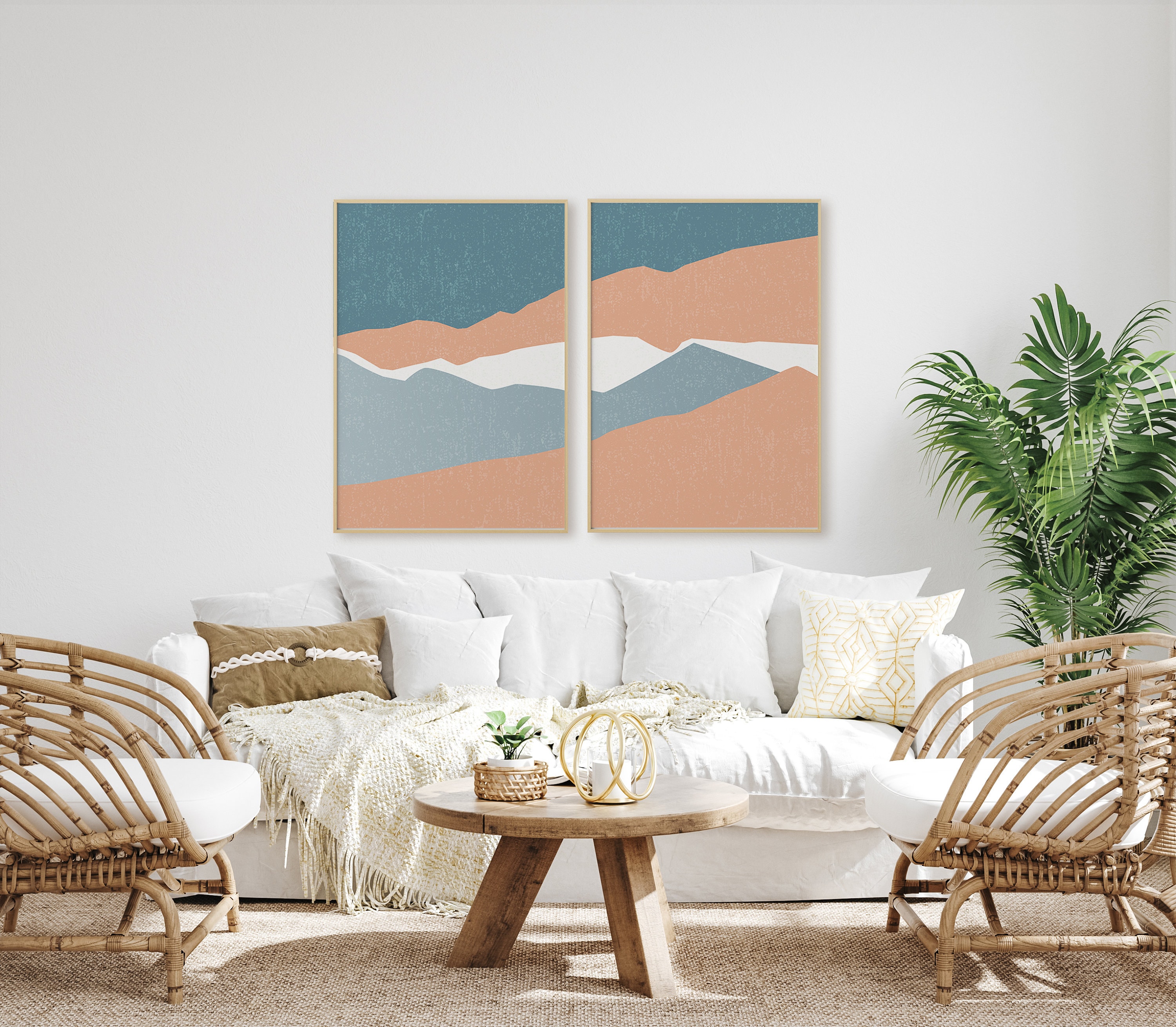 Abstract Art Printable Set of 2 Peach Pink & Blue Colors Etsy UK