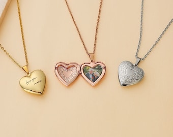 Collar con medallón en forma de corazón grabado con foto, joyería conmemorativa de oro de 18 quilates