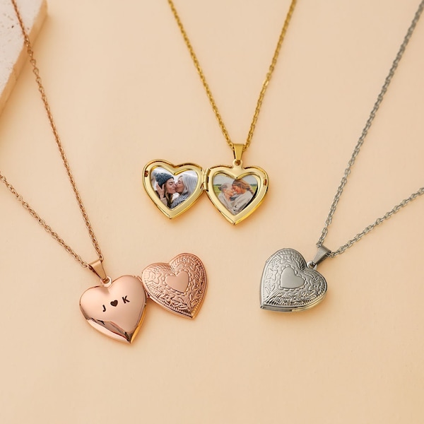 Collier médaillon nom personnalisé, collier médaillon coeur gravé personnalisé, collier médaillon avec photo, cadeau pour maman, cadeau d'anniversaire pour elle