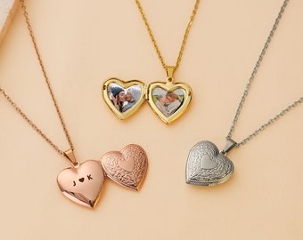 Collier médaillon nom personnalisé, collier médaillon coeur gravé personnalisé, collier médaillon avec photo, cadeau pour maman, cadeau d'anniversaire pour elle