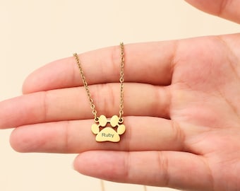 Engraved Paw Print Necklace, Custom Pet Memorial, Gold Charm