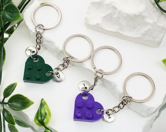 Ensemble de porte-clés avec pendentif coeur personnalisé, porte-clés assorti initial, bloc de construction cadeau BFF pour amoureux, cadeau pour la fête des mères