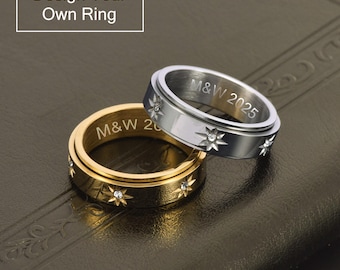 Custom Rotatable Ring, Sparkling Stars Ring, Glod/Silver Steel Spinner Ring Dainty Ring, Personalized Stainless Steel Ring, Gift for Her/Him