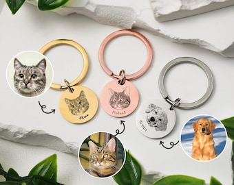 Custom Engraved Pet Portrait Keychain,Dog/Cat Photo Keyring,Dog Mom Memorial Keychain,Cat Portrait KeyChain,Dog Mom Gift,Pet Loss Keychain