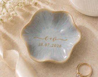 Personalized Ceramic Ring Dish, Custom Jewelry Tray with Gold Engraving, Wedding Ring Holder, Engagement Gift for Bride, Mr and Mrs Gift