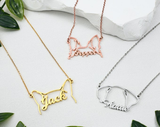 Dog Name Necklace, Custom Dog Ears Necklace, Pet Lover Gift, Pet Jewelry, Pet Memorial Gift, Personalized Name Dog Ears, Animal Jewelry