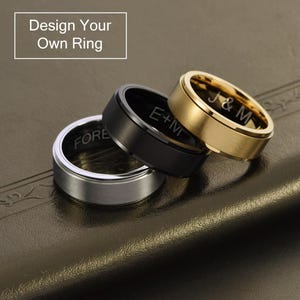 Aangepaste draaibare ring, gegraveerde fidget-spinnerring voor heren, roestvrijstalen ring, beloftering, zwart/zilveren koppelband, aangepaste spinband