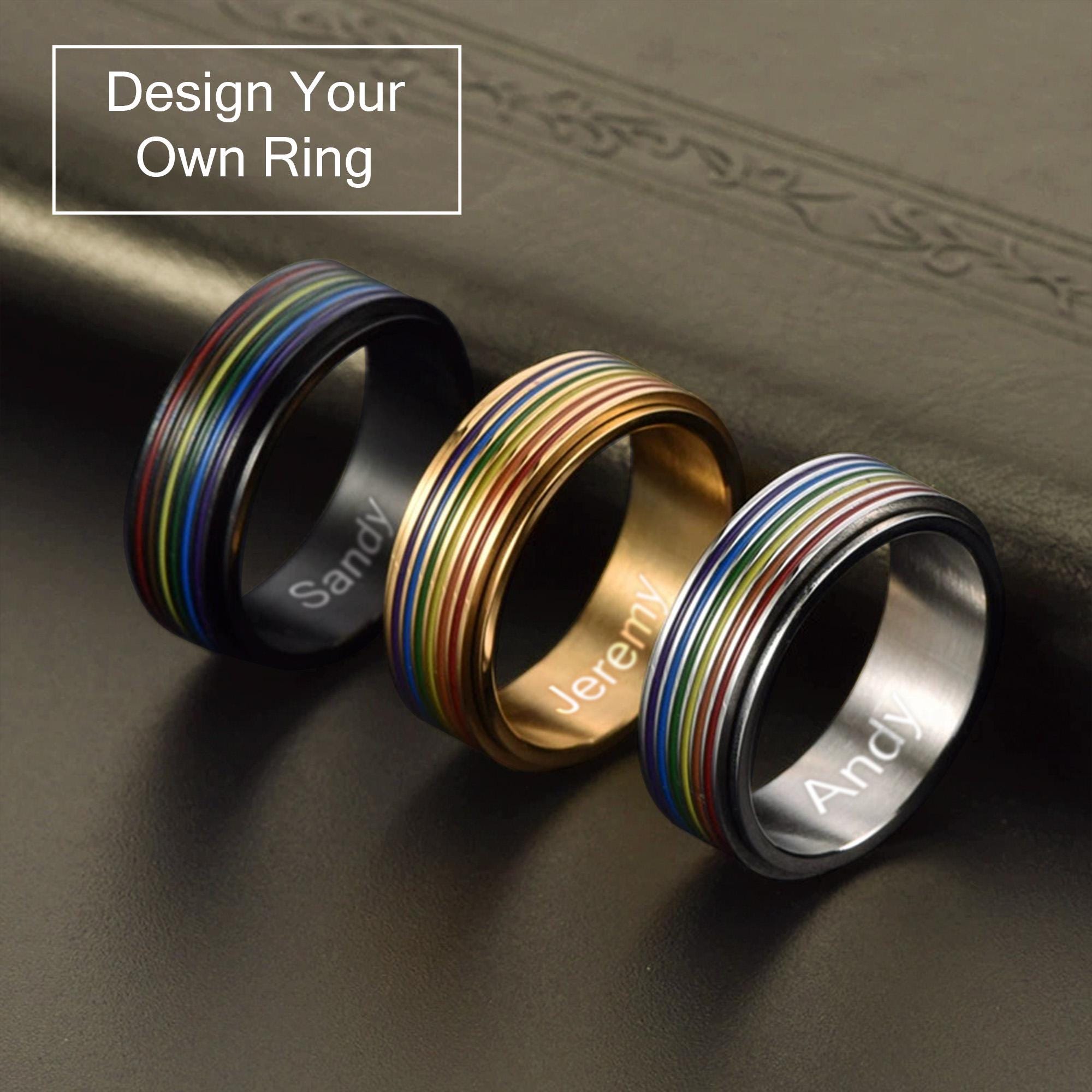 Engraved LGBT Ring for Men, Custom Rainbow Ring, Stainless Steel Ring, Stainless Steel Ring, Customized Band, Pride Rings, Minumalist Ring