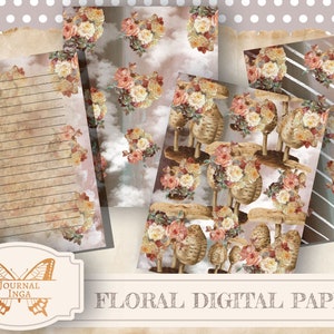 Kit di carta digitale floreale vintage, kit di digi Junk journal, pagine Scrapbooking stampabili, pagine del diario vintage