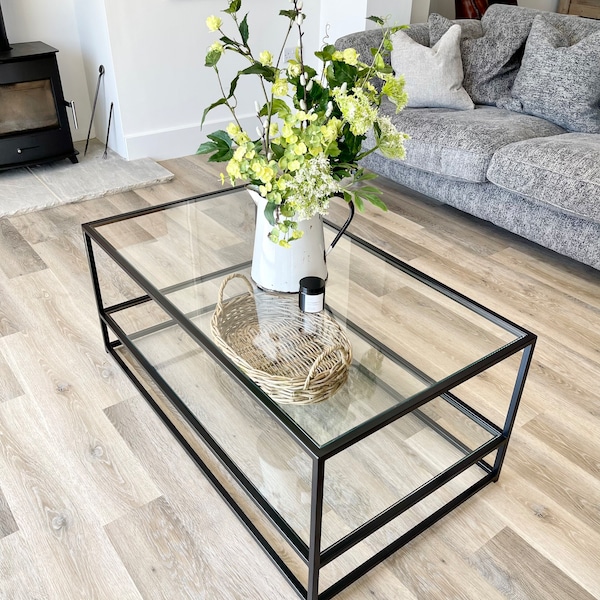 Aria Glass Metal Coffee Table With Shelf - Black