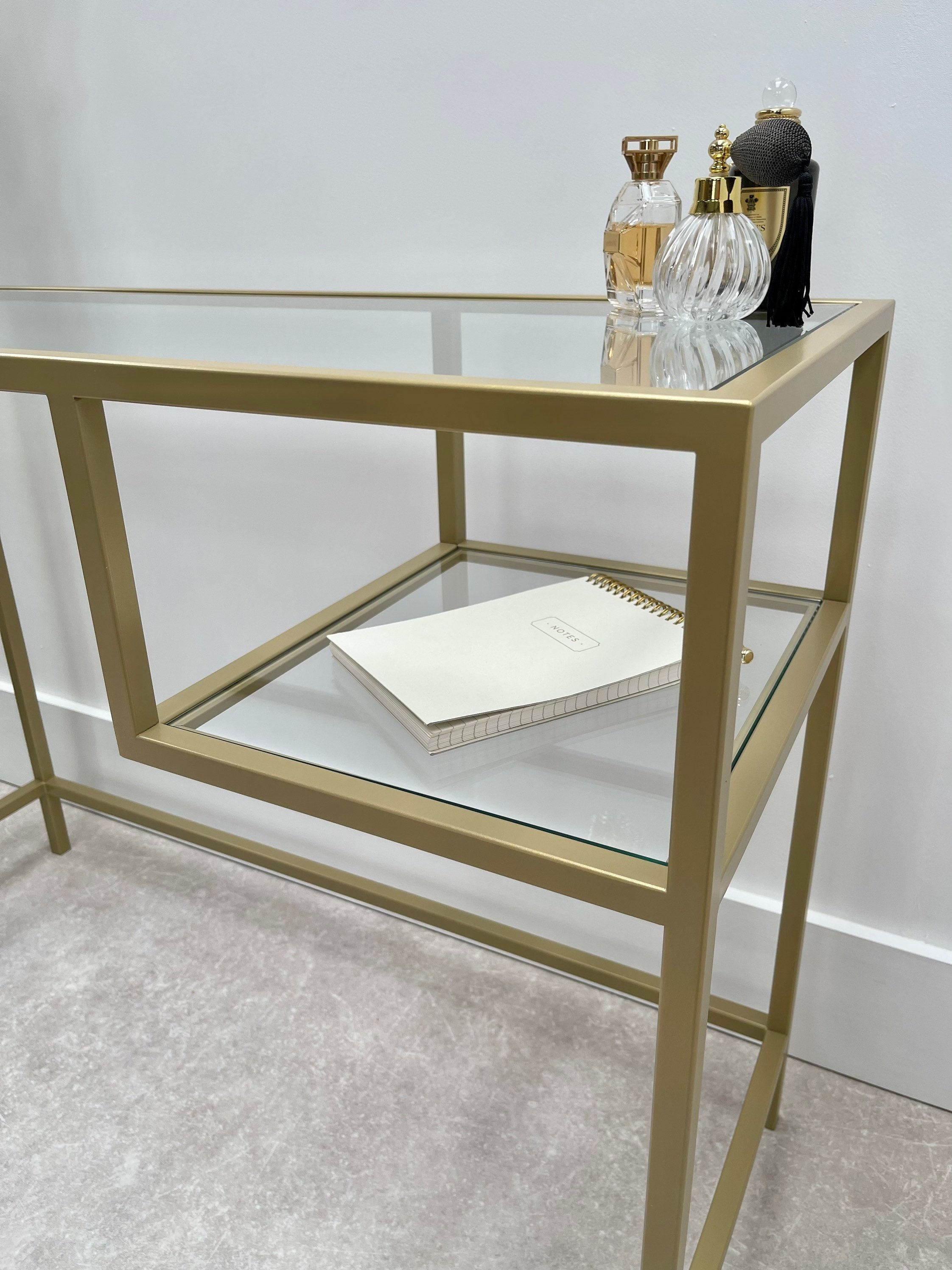 gold glass dressing table Glass Top Makeup Vanity Set with Bench Lighted Mirror White Gold Modern - Sikaic