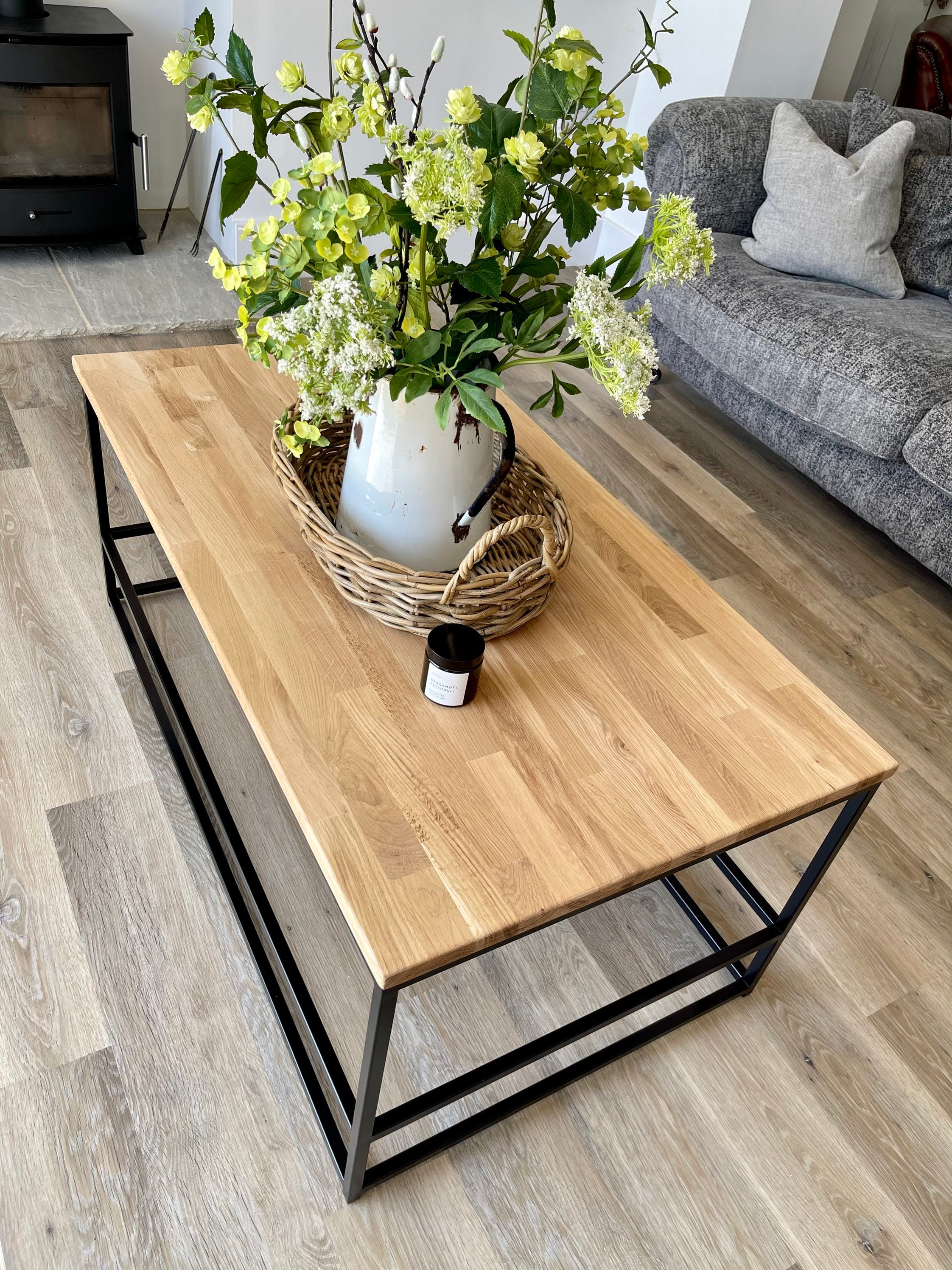 Oak and metal coffee table discount