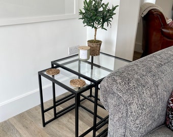 Aria Glass Metal Nesting Side Tables - Black