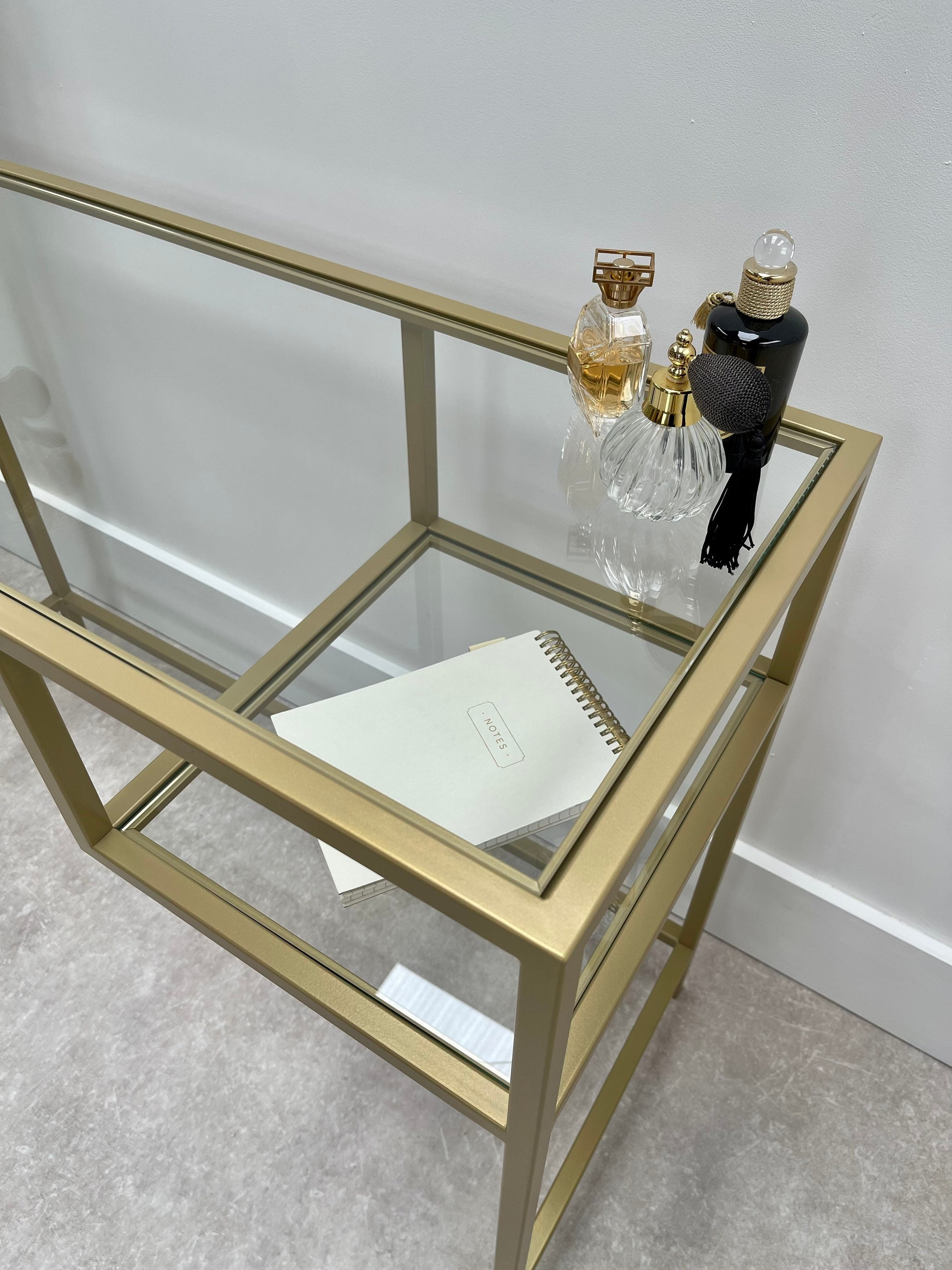 gold glass dressing table Glass Top Makeup Vanity Set with Bench Lighted Mirror White Gold Modern - Sikaic main image 0