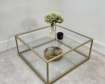 Mila Square Glass Metal Coffee Table With Shelf - Gold