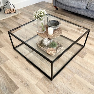 Mila Square Metal Glass Coffee Table With Shelf - Black