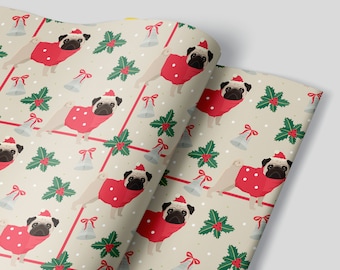 CUTE Pug Christmas Pattern - PREMIUM Christmas Gift Wrap - Wrapping Paper Rolls  - No Folds!